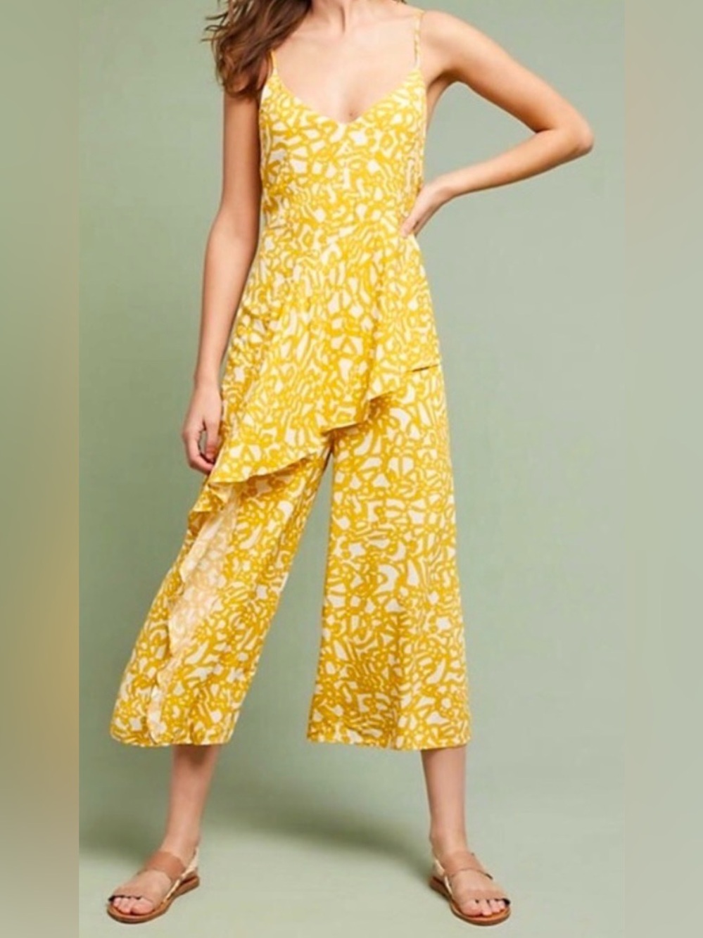 Maeve Anthropology Cropped Wide Leg Yellow/White Print Jumpsuit Size 6